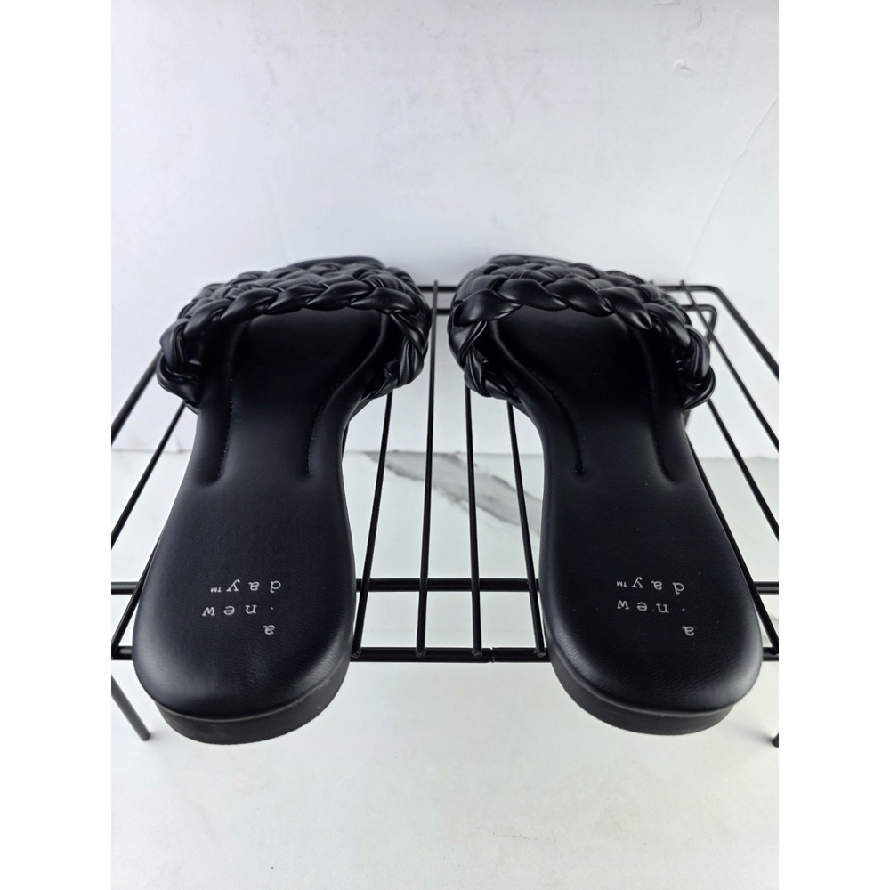 A New Day Slide Sandals Womens 10 Black Braided Woven Square Toe Flat Slip On - Picture 6 of 8